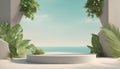 Geometric concrete podium on tropical beach with flowers Royalty Free Stock Photo