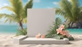 Geometric concrete podium on tropical beach with flowers Royalty Free Stock Photo