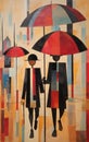 Geometric Constructivism: A Contemporary African Art Painting Of A Couple Walking With Umbrellas