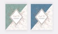 Geometric cover design with blue and green triangular shapes and golden leafs frames on the marble texture. Template for wedding i