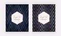 Geometric cover design with marble frames, golden chevron lines on the dark blue background. Template for wedding invitation, blog