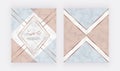 Geometric cover design with pink, blue, copper foil triangular shapes and golden lines on the marble texture. Template for wedding