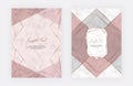 Geometric cover design with pink, grey triangular shapes and golden lines on the marble texture. Template for wedding invitation,