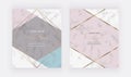 Geometric cover design with pink triangular shapes, golden lines on the marble texture. Modern template for banner, card, flyer, i