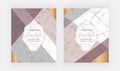 Geometric cover design with polygonal lines marble frames, pink, grey triangular shapes, golden lines on the white marble texture.