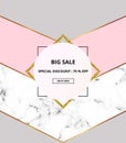 Geometric cover placard, minimalist geometry with white marble or stone texture, pink, grey and gold lines border. Template for de