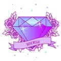 Geometric crystal diamond with flowers and motivational slogan on ribbon. Girls tattoo. Vector illustration in pastel gothic. Prin