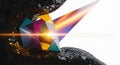 abstract geometric composition featuring a multifaceted crystal, a radiant light beam, and a textured, scale-like surface, creatin Royalty Free Stock Photo