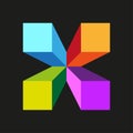 Geometric cube element. Colorful 3D shape. Abstract cross Vector. Dark background graphic. Royalty Free Stock Photo