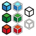 Geometric cube icons. Three dimensional symbol set. Colored outline Vector graphic. Object building element. Royalty Free Stock Photo