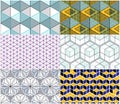 Geometric cubes abstract seamless patterns set, 3d vector backgrounds collection. Technology style engineering line drawing Royalty Free Stock Photo