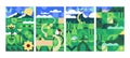 Geometric cubist landscape posters set. Green summer nature cards in geometry art style. Rural environment, countryside