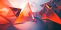 A geometric 3D background with floating translucent pyramids arranged in a dynamic, layered