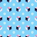 Geometric 3D cubes on blue pattern background. Seamless pattern multicolored cubes, retro style. 80s style abstract Royalty Free Stock Photo