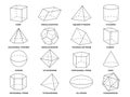 Geometric 3d line shapes. Geometry linear forms triangle, tetrahedron and cone, sphere and pyramid, hexagonal and prism