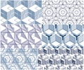 Geometric 3d lines abstract seamless patterns set, vector backgrounds cubes collection. Technology style engineering line drawing Royalty Free Stock Photo