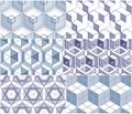 Geometric 3d lines abstract seamless patterns set, vector backgrounds cubes collection. Technology style engineering line drawing Royalty Free Stock Photo