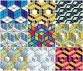 Geometric 3d lines abstract seamless patterns set, vector backgrounds cubes collection. Technology style engineering line drawing Royalty Free Stock Photo