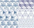 Geometric 3d lines abstract seamless patterns set, vector backgrounds cubes collection. Technology style engineering line drawing Royalty Free Stock Photo
