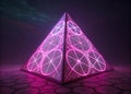 Abstract neon geometric pyramid glowing with pink and purple light patterns in 3d space isolated on transparent background Royalty Free Stock Photo