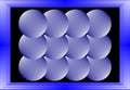 Geometric 3d round pattern, light blue 3d balls on black background, spheres covered by blue frame.