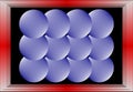 Geometric 3d round pattern, light blue 3d balls on black background, spheres covered by red frame.