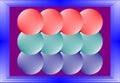 Geometric 3d round pattern, light multicolored 3d balls on purple background, spheres covered by blue frame.