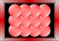 Geometric 3d round pattern, light red 3d balls on black background, spheres covered by red frame.