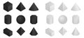 Geometric 3d shapes isometric. Round and pyramidal shapes with polygonal projection in white and black.