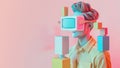 geometric 3d shapes man nerd glasses retro computer pastel rainbow colors Royalty Free Stock Photo