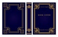 Geometric design of the book cover and spine. Back and front cover in art Deco style. Ornate gold frame on blue background.