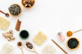 Geometric design with Chinese, Japanese products, noodles, weeds, spices, mushrooms on white background top view mockup