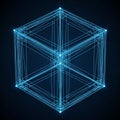 Design features a glowing blue wireframe hypercube, also known as a Royalty Free Stock Photo