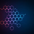 A geometric digital artwork features interconnected hexagons in a gradient of neon Royalty Free Stock Photo