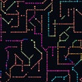 A geometric dot maze, where dots are interconnected with thin glowing lines in neon colors, forming