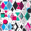 Geometric elements Memphis Postmodern Retro fashion style 80-90s. texture asymmetrical shapes Rhombus triangle Seamless pattern bl Royalty Free Stock Photo