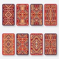 Geometric ethnic pattern. Collection back side of cards in yellow and red colors