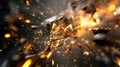 Geometric explosion with golden particles on dark background in high resolution for dynamic motion Royalty Free Stock Photo