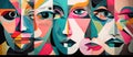 Geometric Faces with Colorful Shapes and Eyes in Conceptual-Coll Style for Posters and Web.