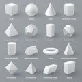 Geometric figures realistic mockups set. Cone cube sphere hexagonal triangular pentagonal prisms