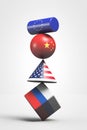 Geometric figures with state symbols of Russia, USA, China, European Union. Figures balance on each other