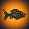 Geometric fish silhouette composed of angular, black segments. Set against an orange