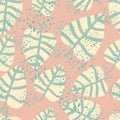 Geometric flat leaves seamless pattern on pink background. Simple grunge botanical backdrop. Foliage wallpaper Royalty Free Stock Photo