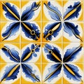 Geometric and floral azulejo tile mosaic pattern on retro old wall, portuguese or spanish tiles