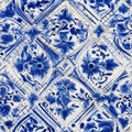 Geometric and floral azulejo tile mosaic pattern on retro portuguese or spanish wall tiles