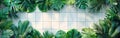 Geometric Floral Tropical Leaves on White and Green Tiles Wall Texture Background - Banner Illustration Royalty Free Stock Photo