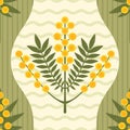 Geometric floral vector seamless pattern. Modern symmetrical yellow flowers and leaves on green striped background Royalty Free Stock Photo