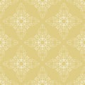 Geometric floral vector seamless pattern with white lace on gold-yellow background.