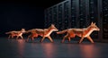 Geometric Fox Herd in Server Room, Data Center Tech Concept Art Royalty Free Stock Photo