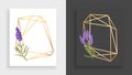 Geometric frame polyhedron. Abstract gold floral frame with leaves and branch of lilac. Luxury decorative modern